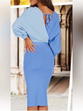 Colorblock Blue Knit Wrap Body-con V-Neck Wrap Midi Dress by Theenkoln Size Med